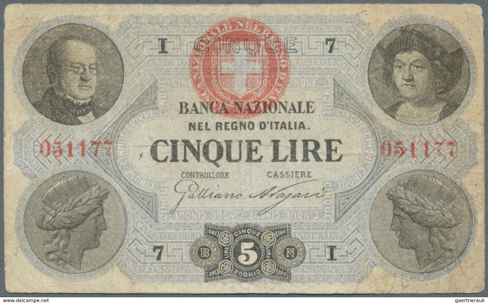 Italy / Italien: 5 Lire 1867 P. S734 With Vertical And Horizongal Folds In Paper, Light Stain, Proba - Sonstige & Ohne Zuordnung