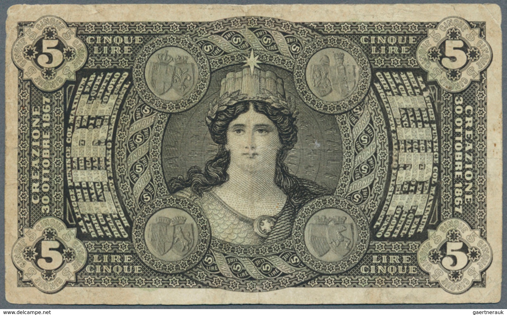 Italy / Italien: 5 Lire 1867 P. S734 With Vertical And Horizongal Folds In Paper, Light Stain, Proba - Sonstige & Ohne Zuordnung