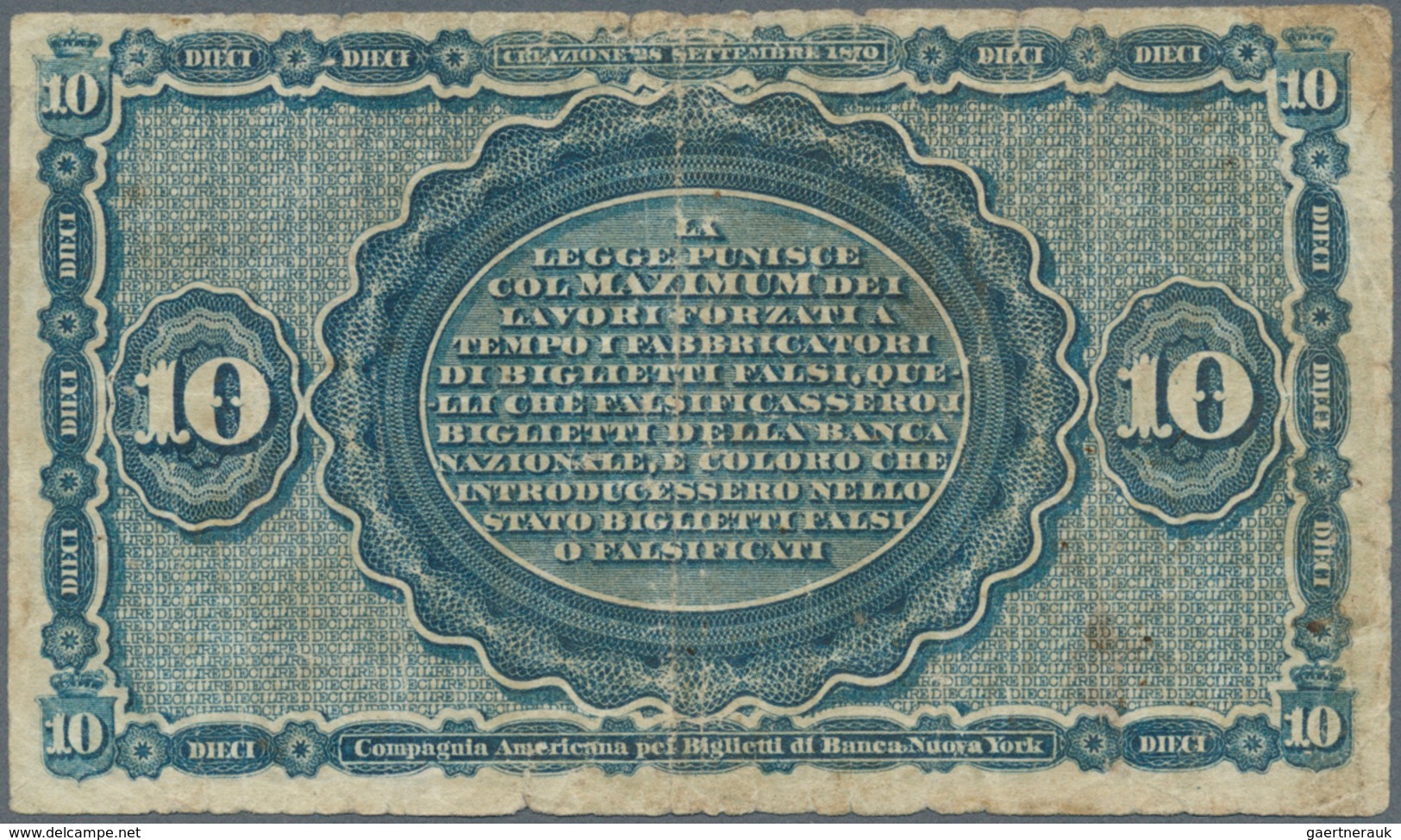 Italy / Italien: Banca Nazionale Nel Regno D'Italia 10 Lire 1866 P. S736, Used With Folds And Crease - Sonstige & Ohne Zuordnung