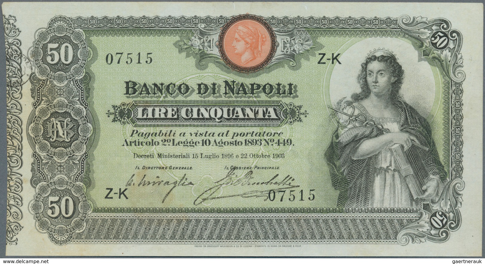 Italy / Italien: Banco Di Napoli 50 Lire 1893 P. S846, Seldom Offered Note, In Exceptional Condition - Andere & Zonder Classificatie