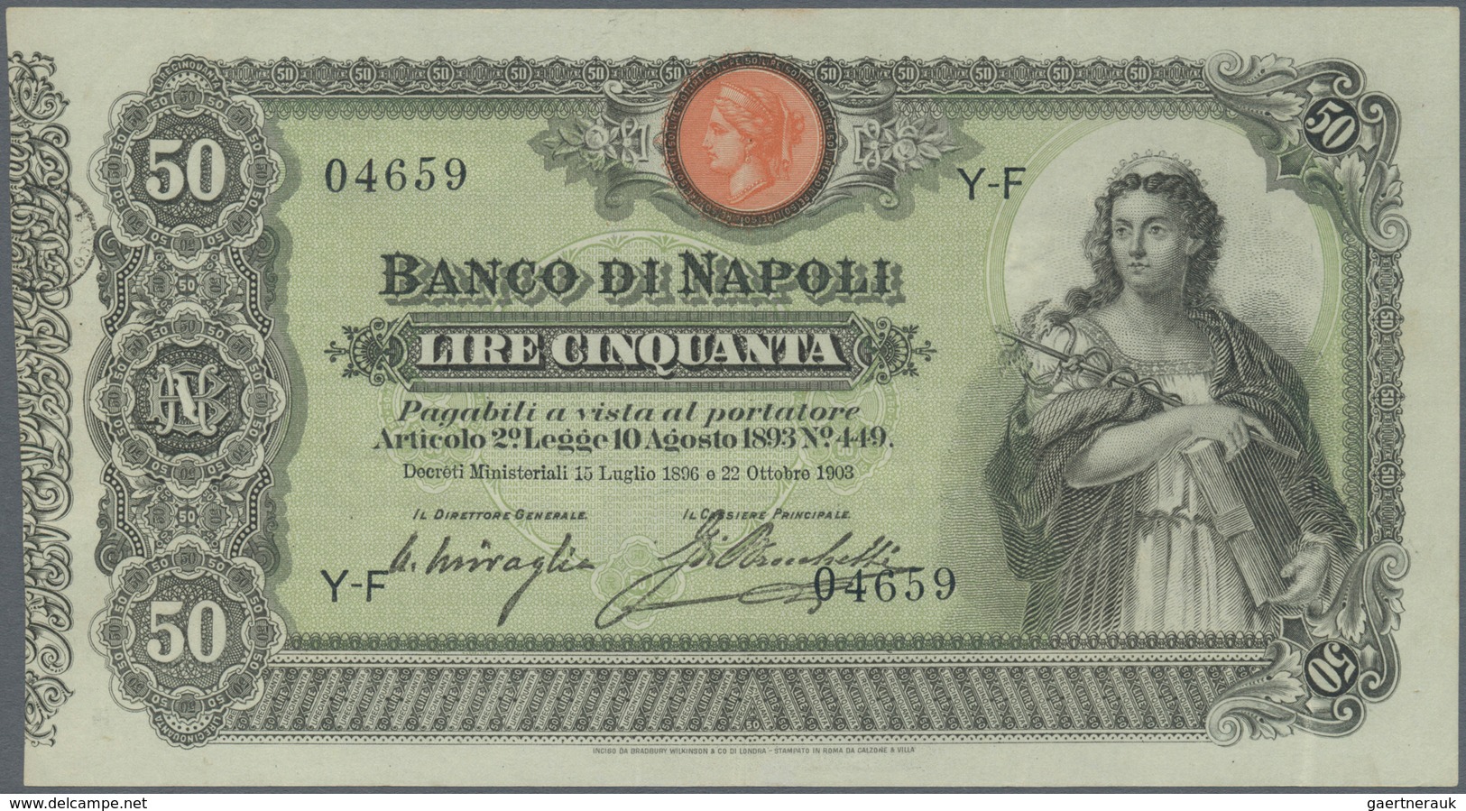 Italy / Italien: Banco Di Napoli 50 Lire 1903 P. S846, Seldom Offered Note, In Exceptional Condition - Andere & Zonder Classificatie