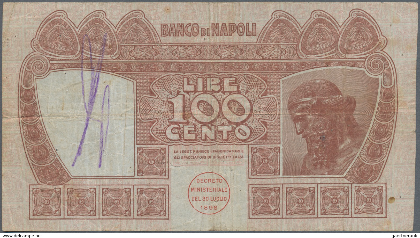 Italy / Italien: 100 Lire 1911 "Banco Die Napoli" P. S857 In Used Condition With Several Folds And C - Andere & Zonder Classificatie
