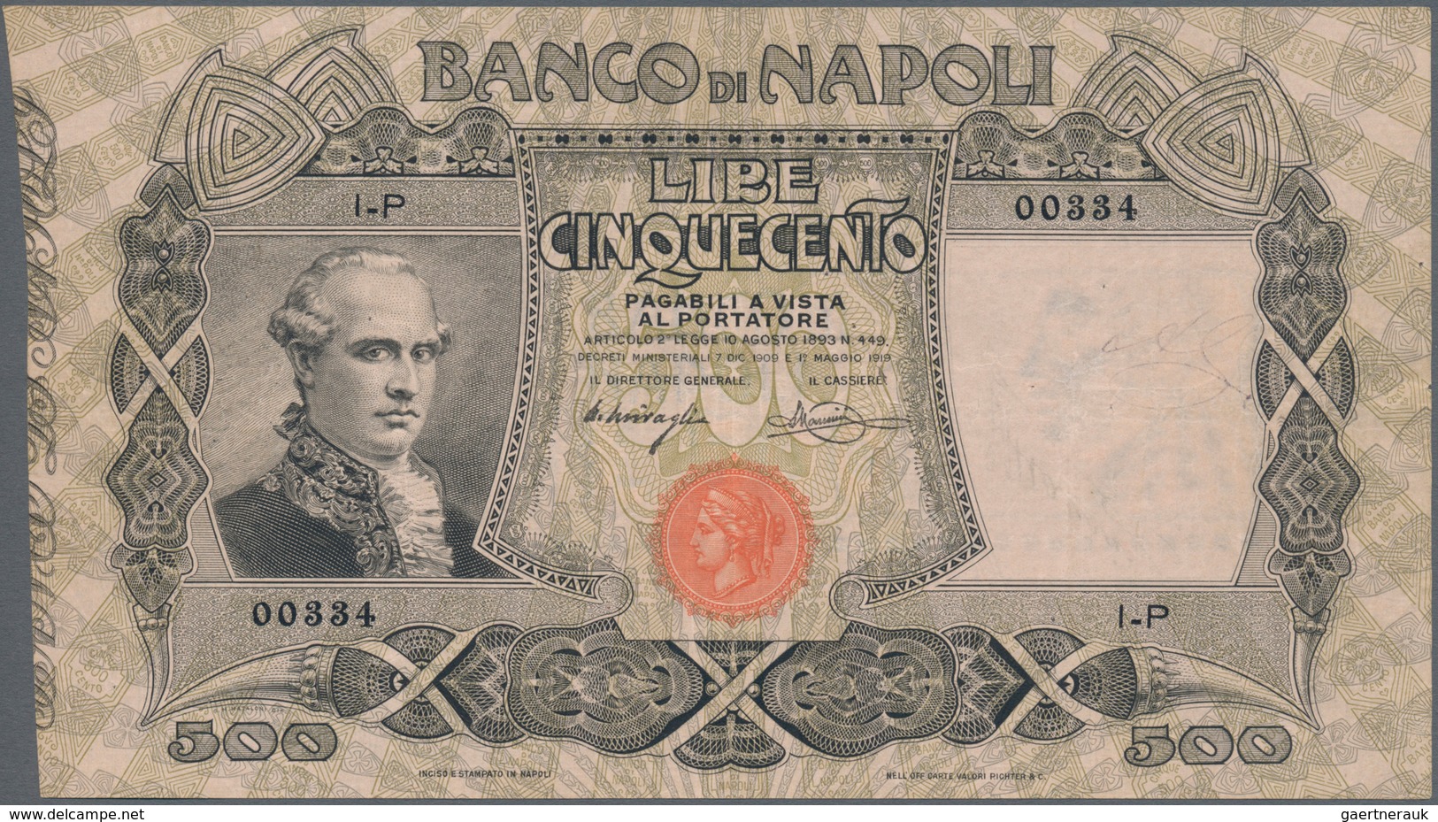 Italy / Italien: 500 Lire 1919 "Banco Di Napoli" P. S858, Used With Light Folds In Paper, Probably P - Andere & Zonder Classificatie