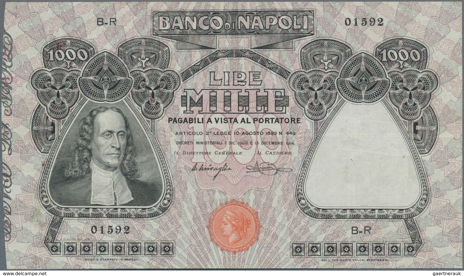 Italy / Italien: Banco Di Napoli 1000 Lire 1909-1921 P. S859, Light Folds In Paper, Pressed But Stil - Andere & Zonder Classificatie