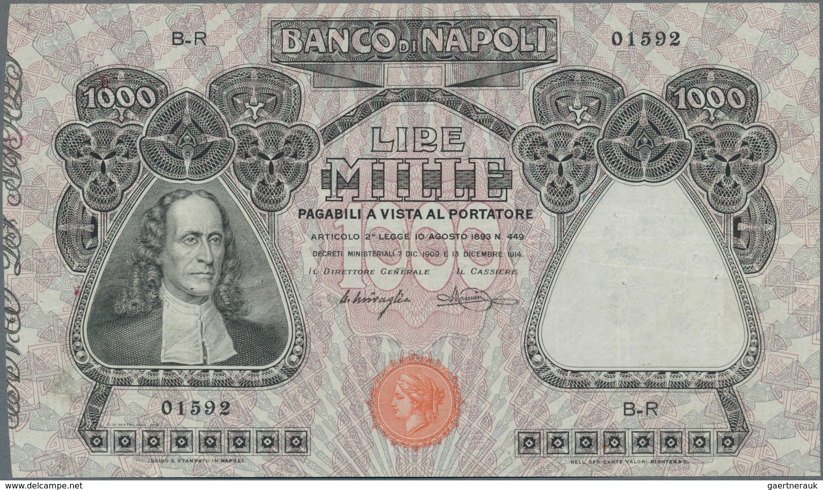 Italy / Italien: Banco Di Napoli 1000 Lire 1909-1921 P. S859, Light Folds In Paper, Pressed But Stil - Autres & Non Classés