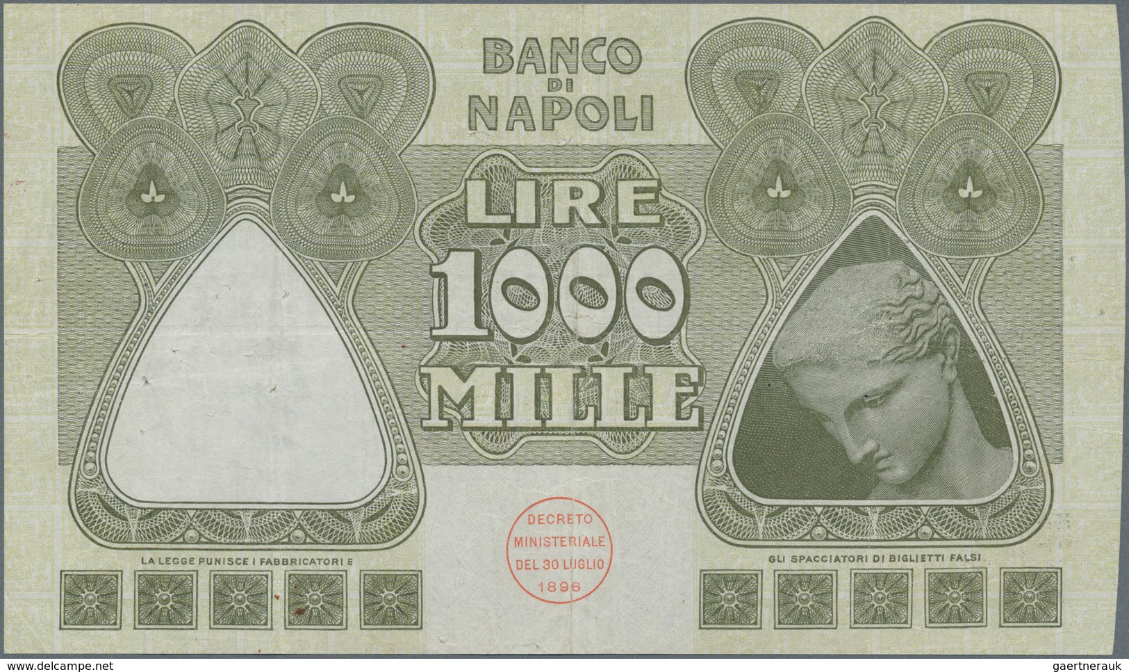 Italy / Italien: Banco Di Napoli 1000 Lire 1909-1921 P. S859, Light Folds In Paper, Pressed But Stil - Andere & Zonder Classificatie