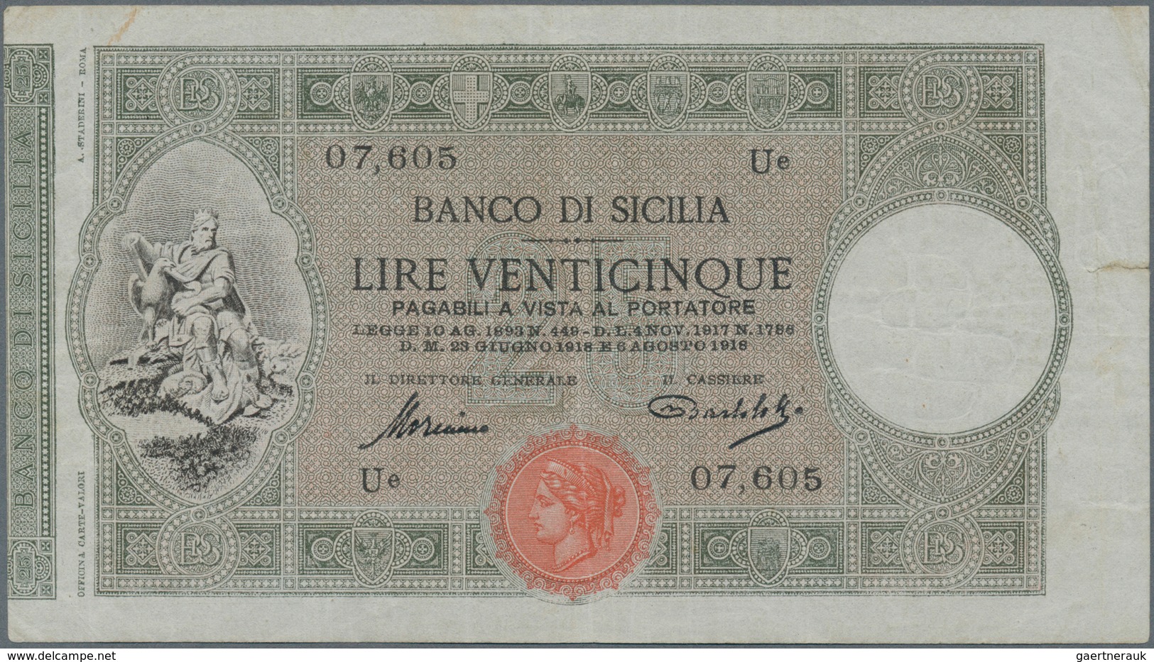 Italy / Italien: Banco Di Sicilia 25 Lire 1918 P. S895, Used With Light Folds In Paper, One 1cm Bord - Andere & Zonder Classificatie