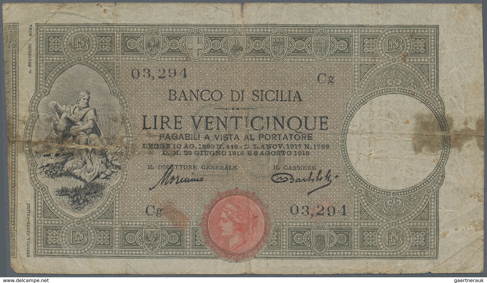 Italy / Italien: 25 Lire 1918 "Banco Di Sicilia" P. S895, Stronger Used With Strong Folds, Stains, A - Sonstige & Ohne Zuordnung