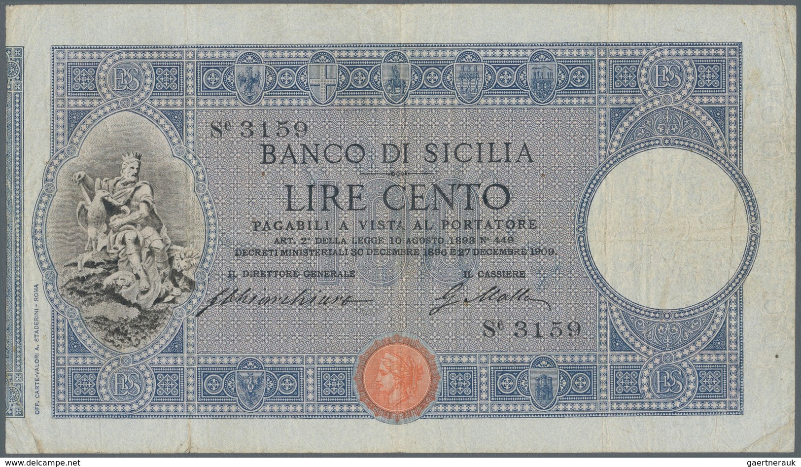 Italy / Italien: Banco Di Sicilia 100 Lire 1909 P. S897, Used With Folds, Several Folds And Creases - Andere & Zonder Classificatie