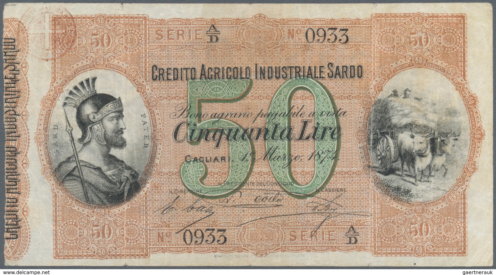 Italy / Italien: Credito Agricolo Industiale Sardo 50 Lire 1874 P. S927, Used With 3 Strong Vertical - Sonstige & Ohne Zuordnung