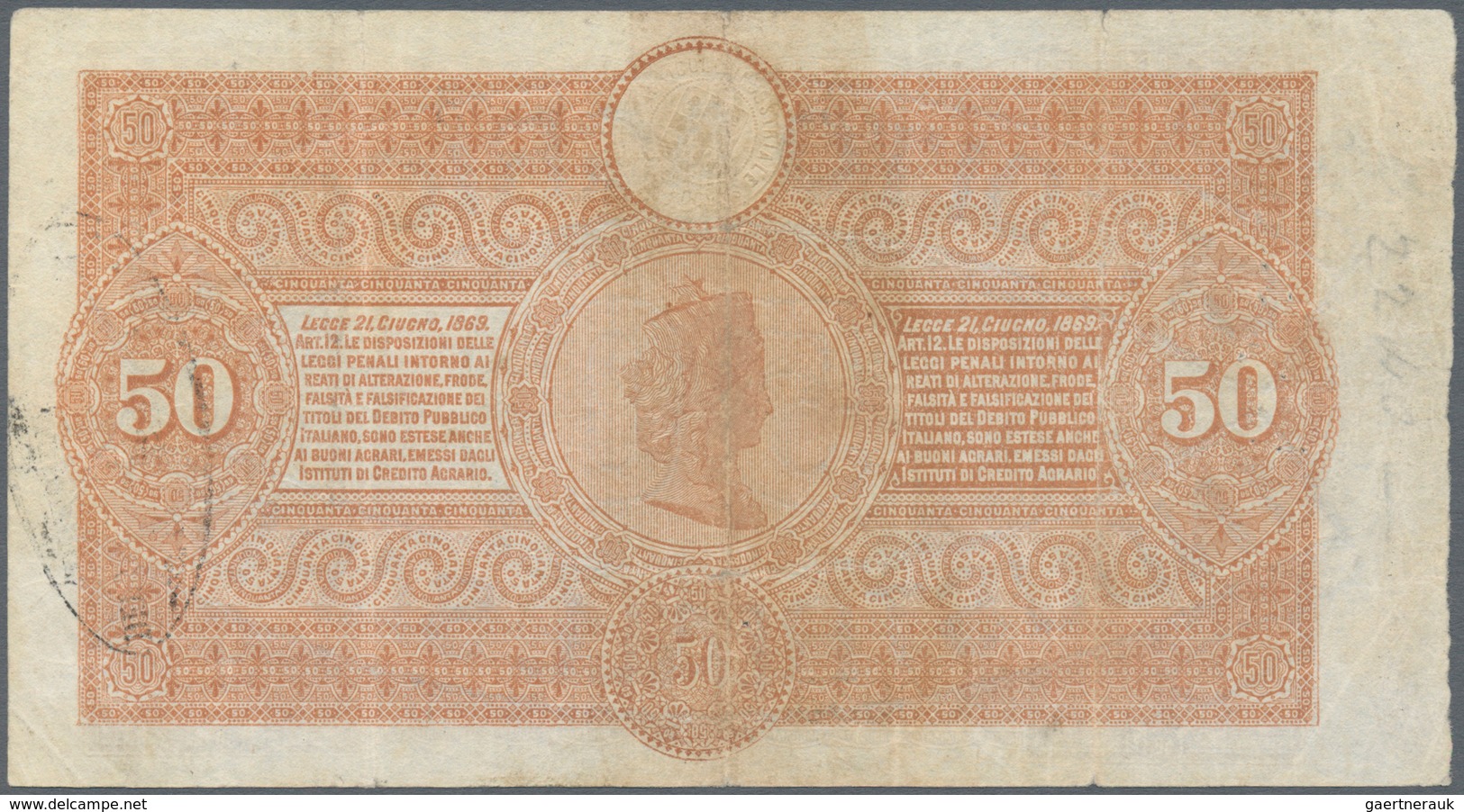 Italy / Italien: Credito Agricolo Industiale Sardo 50 Lire 1874 P. S927, Used With 3 Strong Vertical - Autres & Non Classés