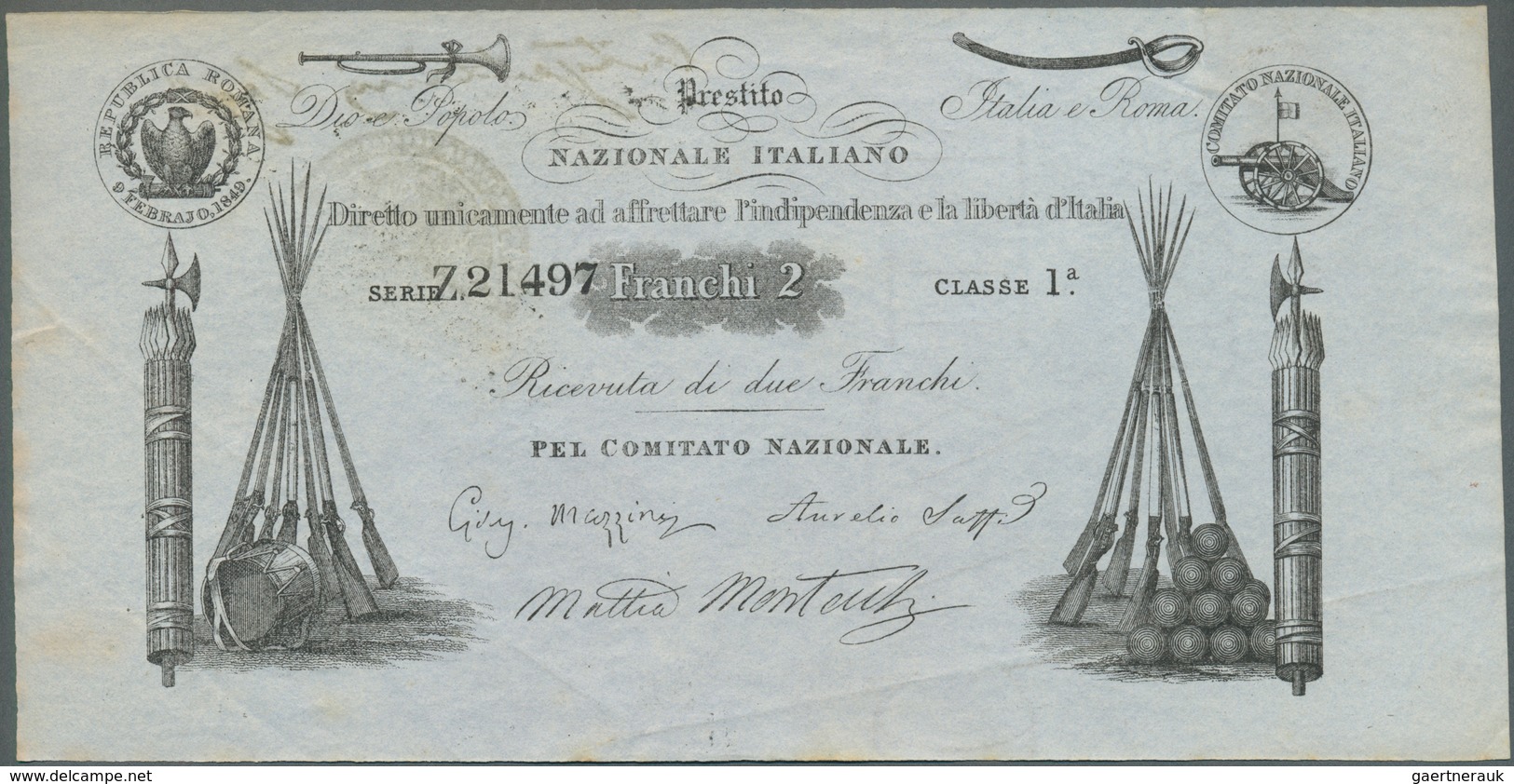 Italy / Italien: 2 Franchi 1849 Prestitio Natzionale Italiano, Rare Note, Stamped On Back, Light Fol - Andere & Zonder Classificatie