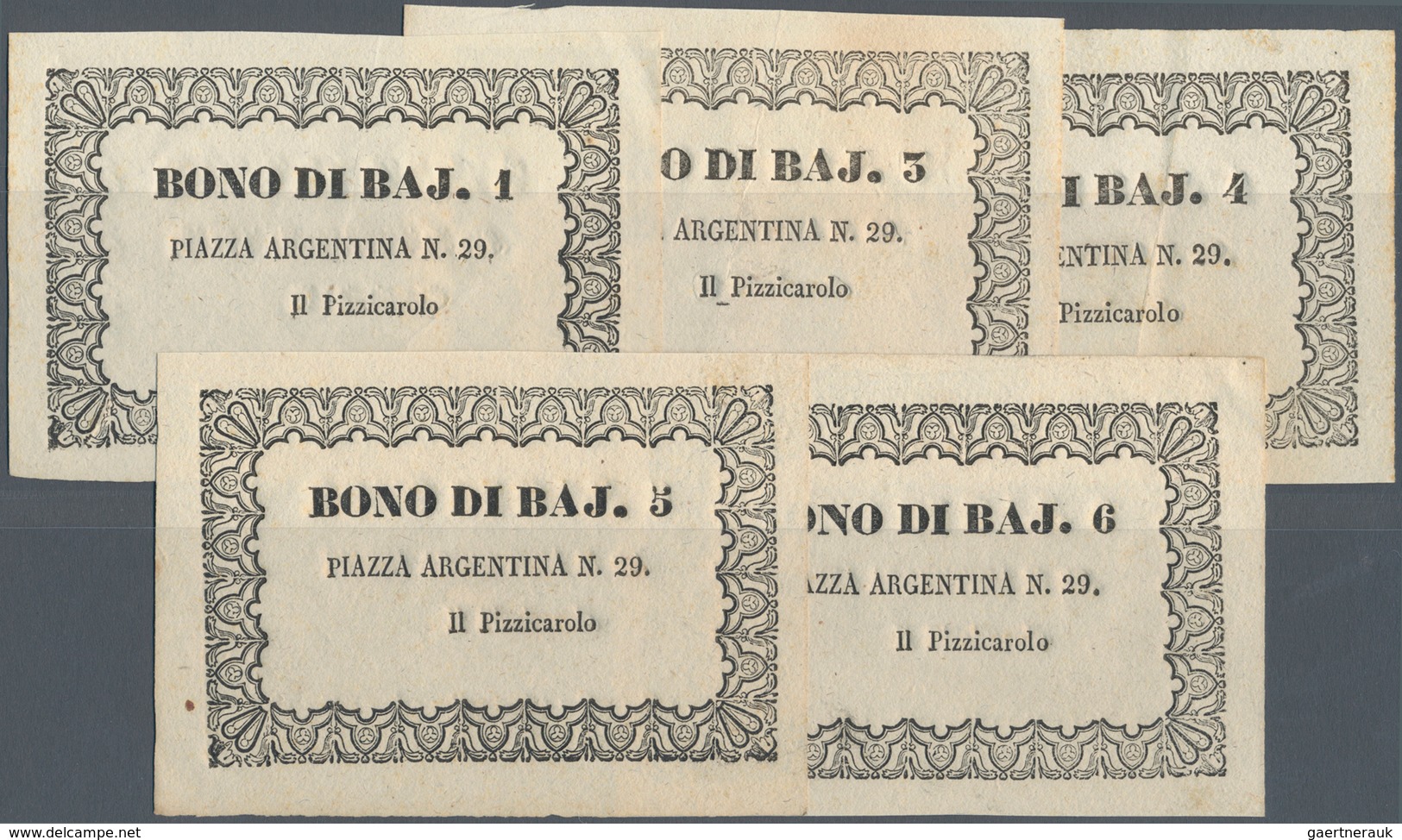 Italy / Italien: Set Of 5 Notes "BONO DI BAJ." Piazza Argentina N. 29, Remainder Without Signature, - Sonstige & Ohne Zuordnung