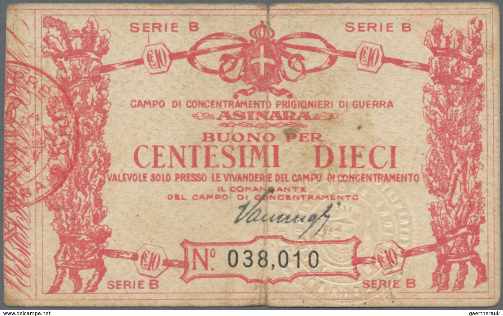 Italy / Italien: POW Camp ASINARA Bon Of 10 Centesimi ND, P.NL With A Few Folds And Lightly Toned Pa - Autres & Non Classés