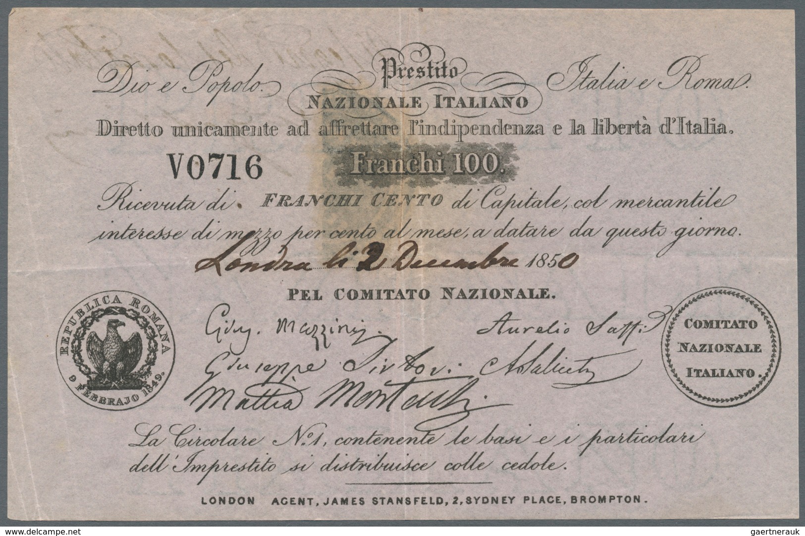 Italy / Italien: Prestito Nazionale Italiano 100 Franchi 1850 P. NL, Used With Center Fold And Sever - Andere & Zonder Classificatie