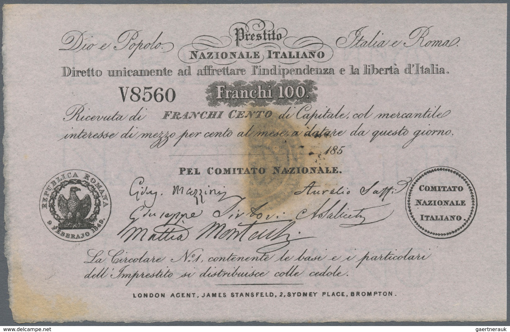 Italy / Italien: Rare "Prestito Nazionale Italiano" 100 Franchi 185x Remainder P. NL, Half Stamp On - Andere & Zonder Classificatie