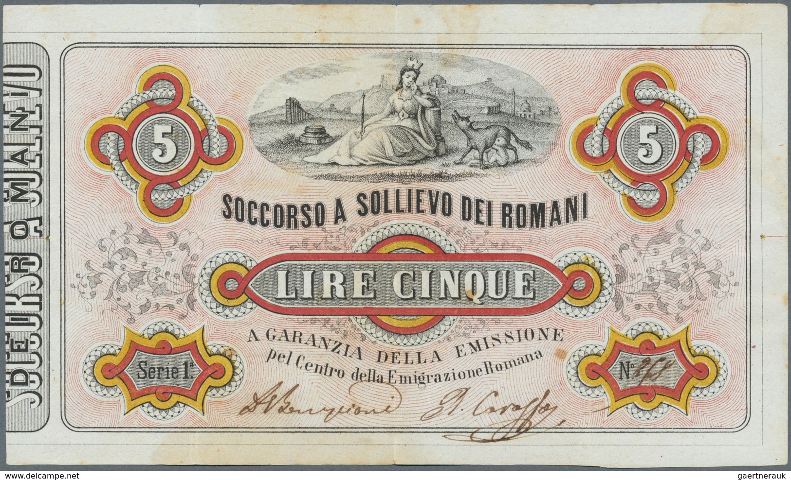 Italy / Italien: 5 Lire Soccorso A Sollievo Dei Romani 1867 P. NL, Used With Vertical And Horizontal - Sonstige & Ohne Zuordnung