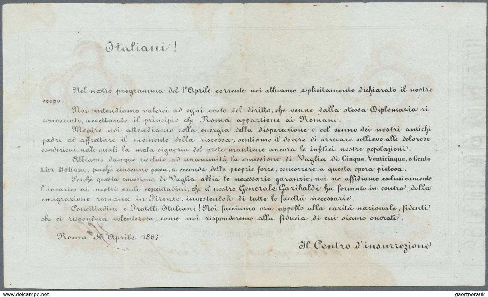 Italy / Italien: 5 Lire Soccorso A Sollievo Dei Romani 1867 P. NL, Used With Vertical And Horizontal - Andere & Zonder Classificatie