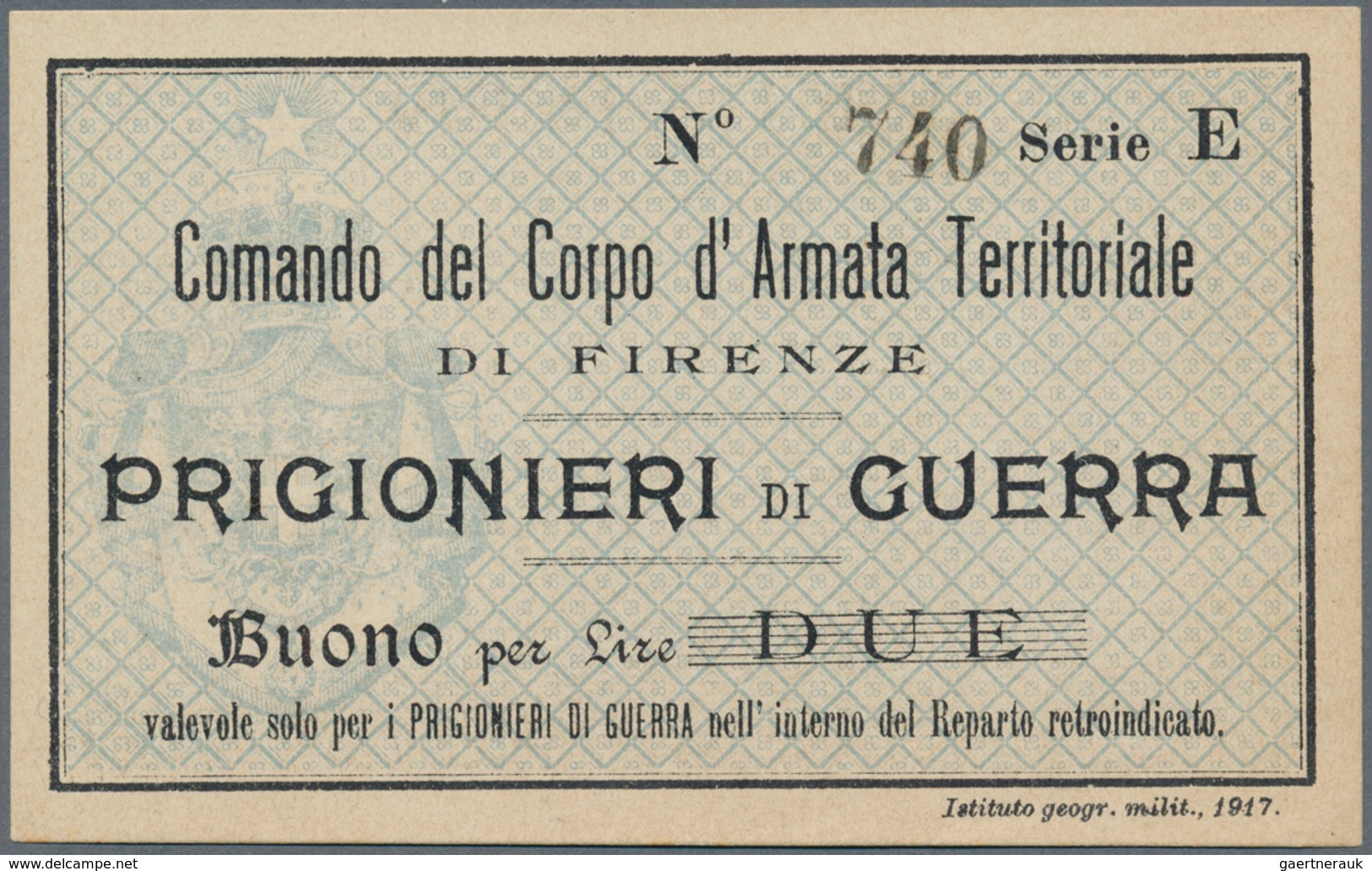 Italy / Italien: P.O.W. Money "Comando Del Corpo D'Armata Territoriale" 2 Lire 1917 P. NL, Remainder - Andere & Zonder Classificatie