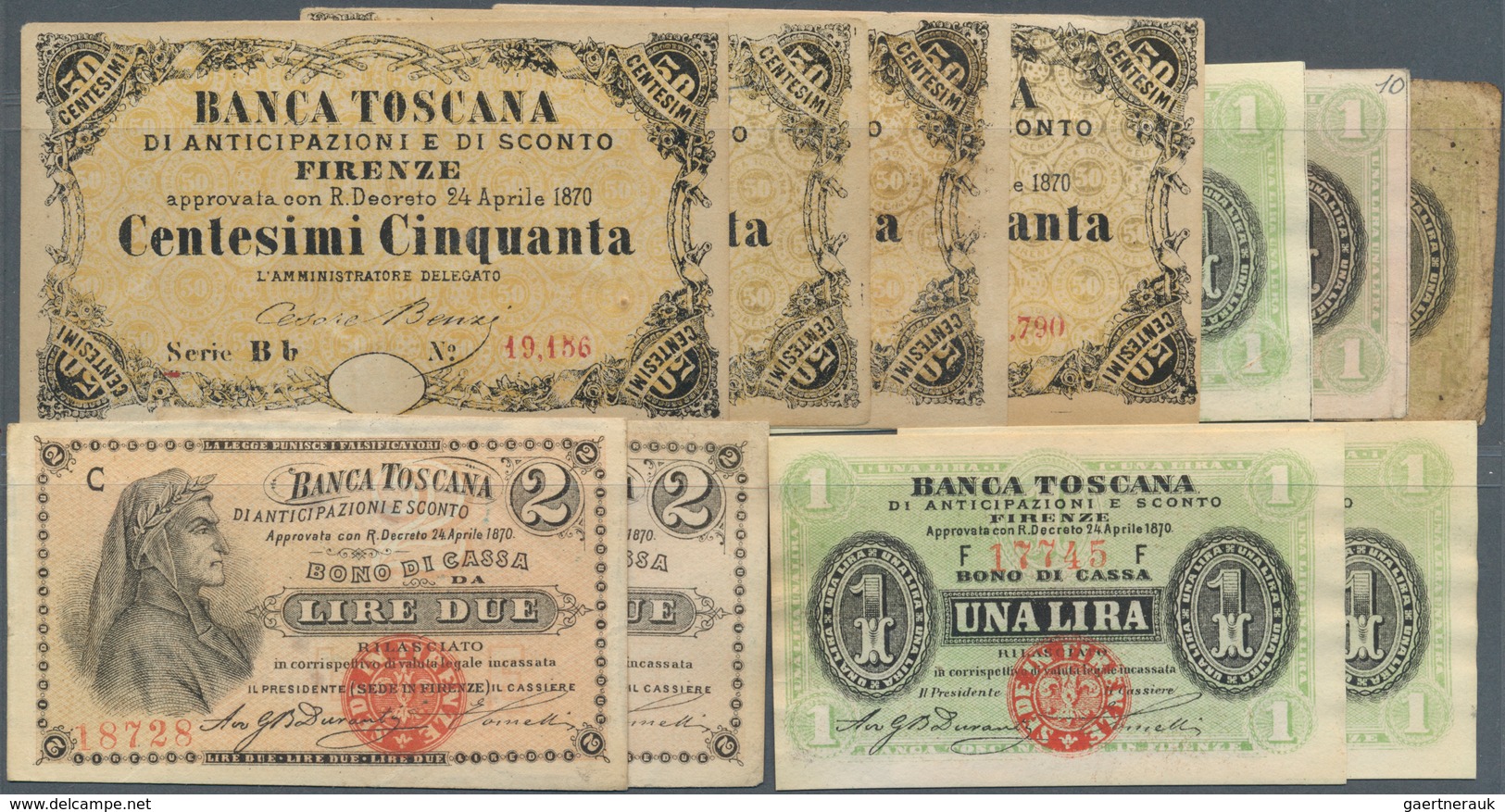 Italy / Italien: Set Of 11 Small Size Notes "Banca Toscana" From 1870 Containing 5x 1 Lira 1870 (3x - Sonstige & Ohne Zuordnung