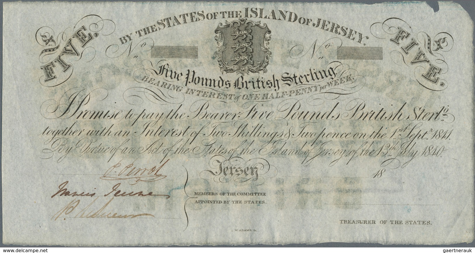 Jersey: 5 Pounds British Sterling 18xx Remainder P. A1r, With Minor Split At Upper Right, Unfolded, - Autres & Non Classés