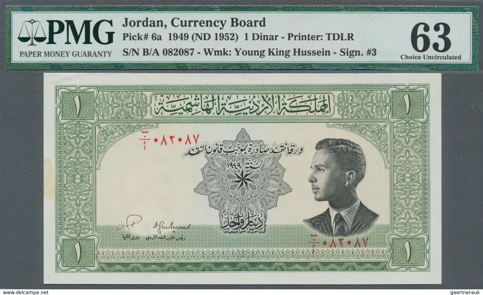 Jordan / Jordanien: 1 Dinar ND(1952) P. 6a, Sign. 3 In Condition: PMG Graded 63 Choice UNC. - Jordania