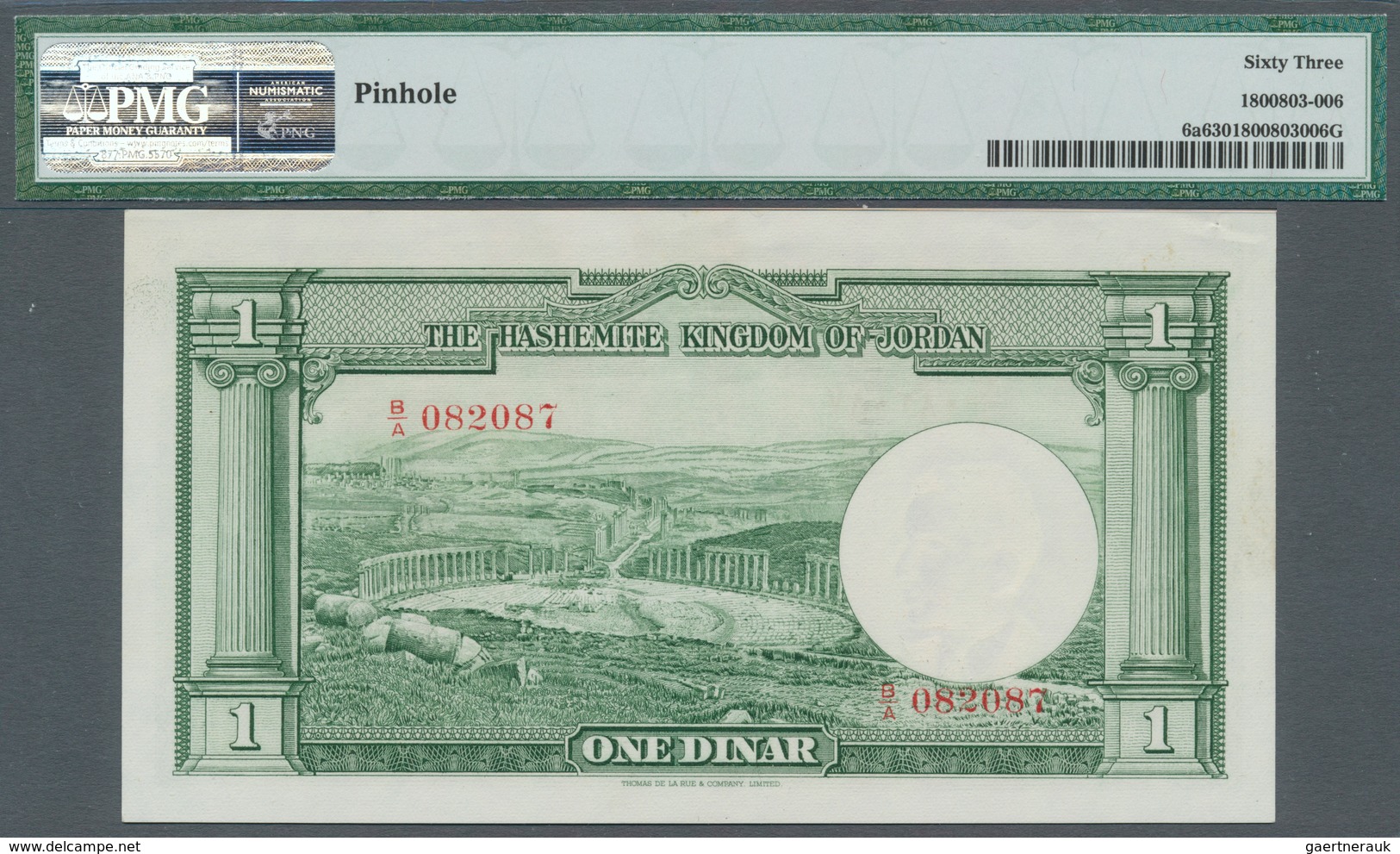 Jordan / Jordanien: 1 Dinar ND(1952) P. 6a, Sign. 3 In Condition: PMG Graded 63 Choice UNC. - Jordanië