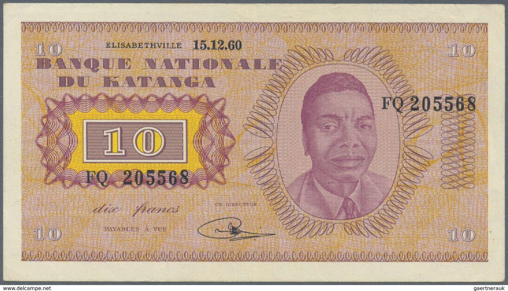 Katanga: 10 Francs 15.12.1960 P. 5, S/N FQ205568, Light Center Fold, Light Dints In Paper, No Holes - Otros – Africa