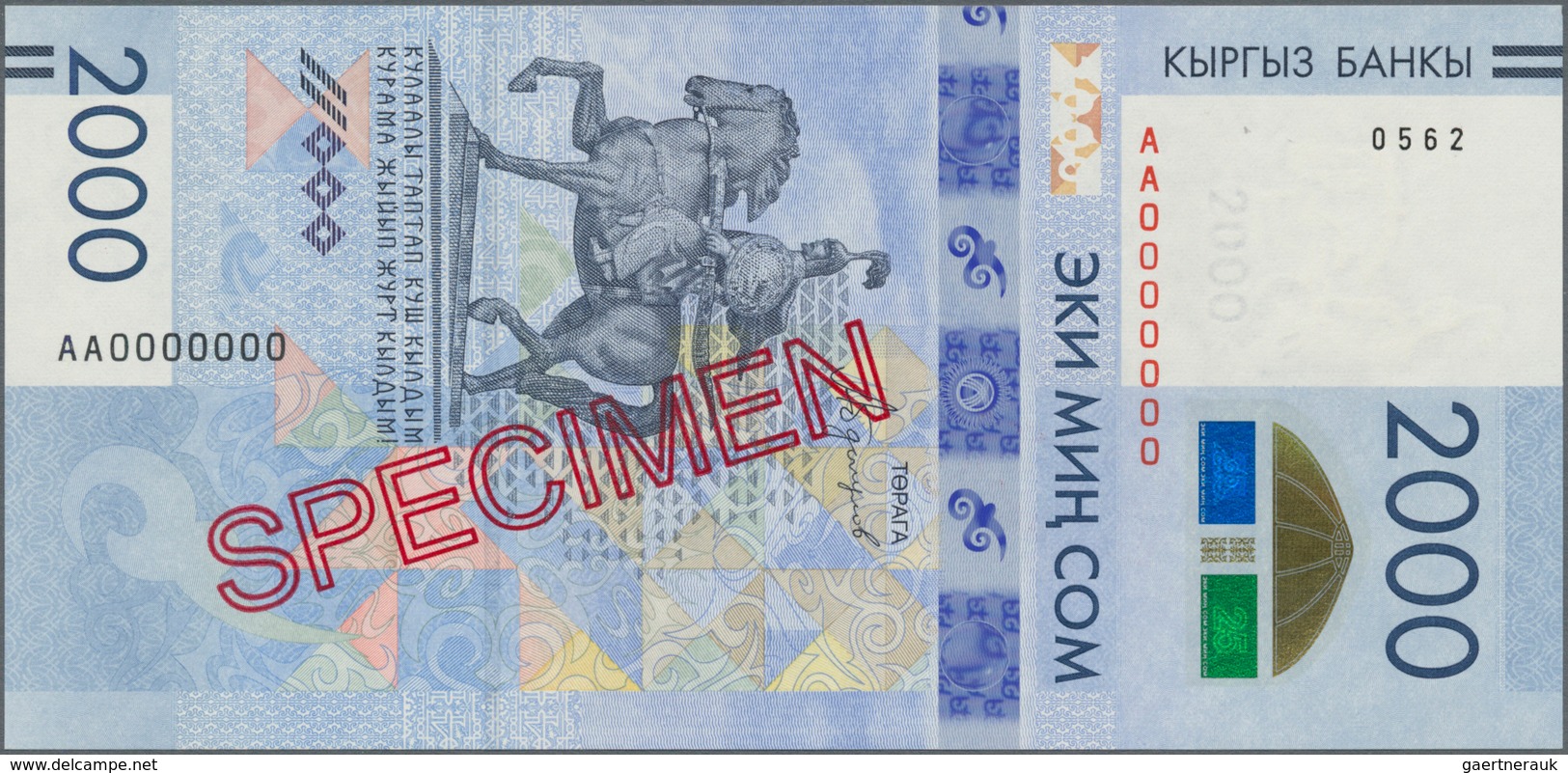 Kazakhstan / Kasachstan: 2000 Som 2017 Specimen P. New With Zero Serial Numbers And Red Specimen Ove - Kazakhstán