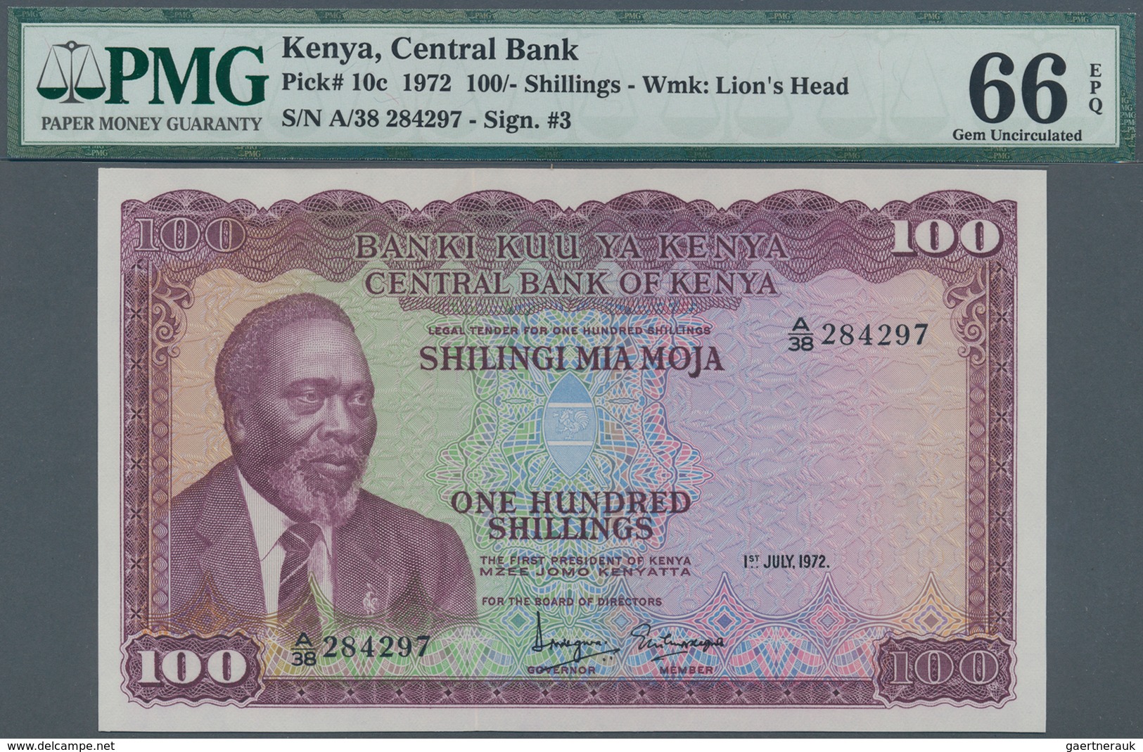 Kenya / Kenia: 100 Shillings July 1st 1972, P.10c In Perfect Uncirculated Condition, PMG Graded 66 G - Kenia