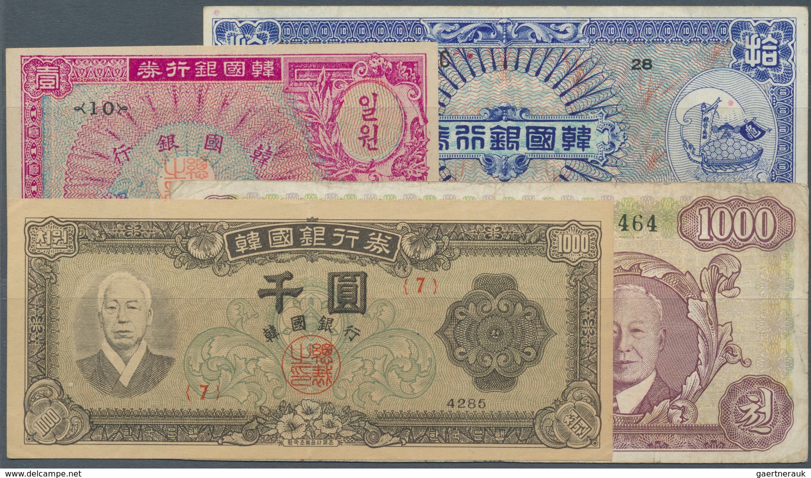 Korea: Nice Set With 4 Banknotes 1000 Won 1952 P.10a In VF+, 1 Won 1953 P.11b In UNC, 10 Won 1953 P. - Corea Del Sur