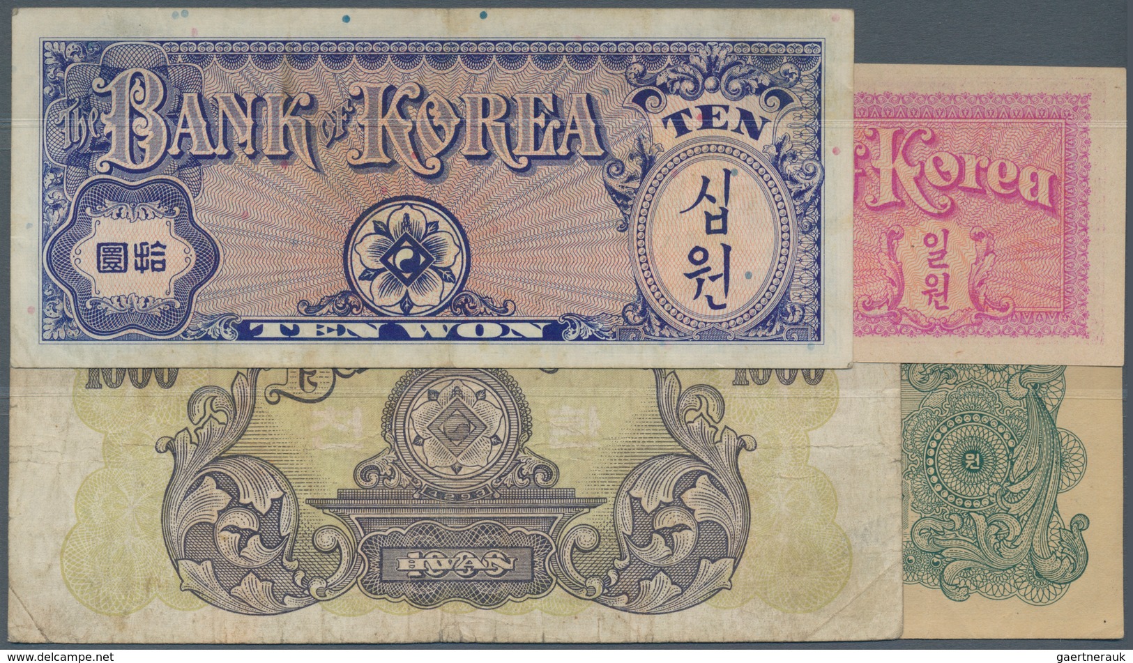 Korea: Nice Set With 4 Banknotes 1000 Won 1952 P.10a In VF+, 1 Won 1953 P.11b In UNC, 10 Won 1953 P. - Korea, Zuid