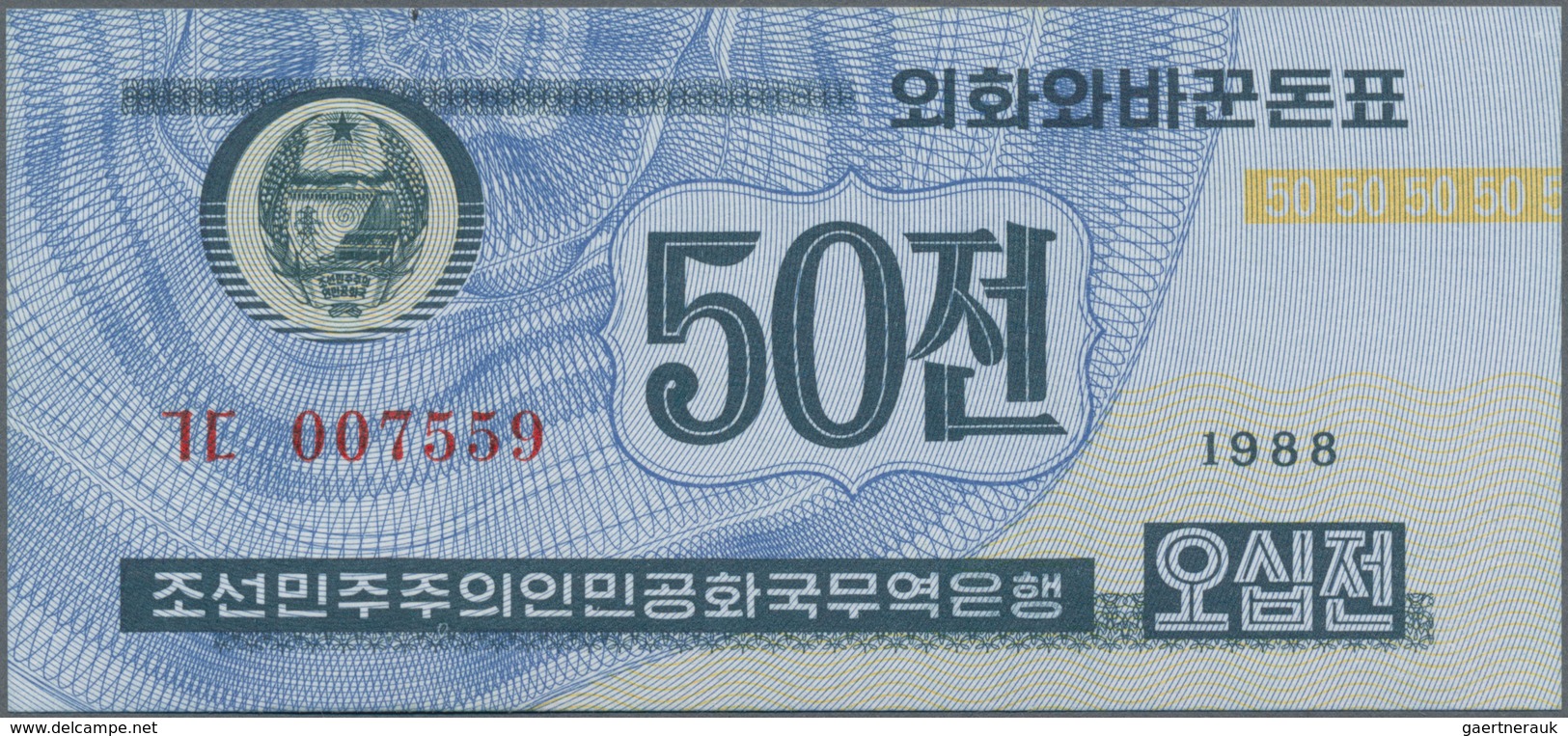 Korea: 50 Chon 1988 Trade Bank Of The Democratic Peoples Republic Of Korea, Issue For Capitalist Vis - Korea, Zuid