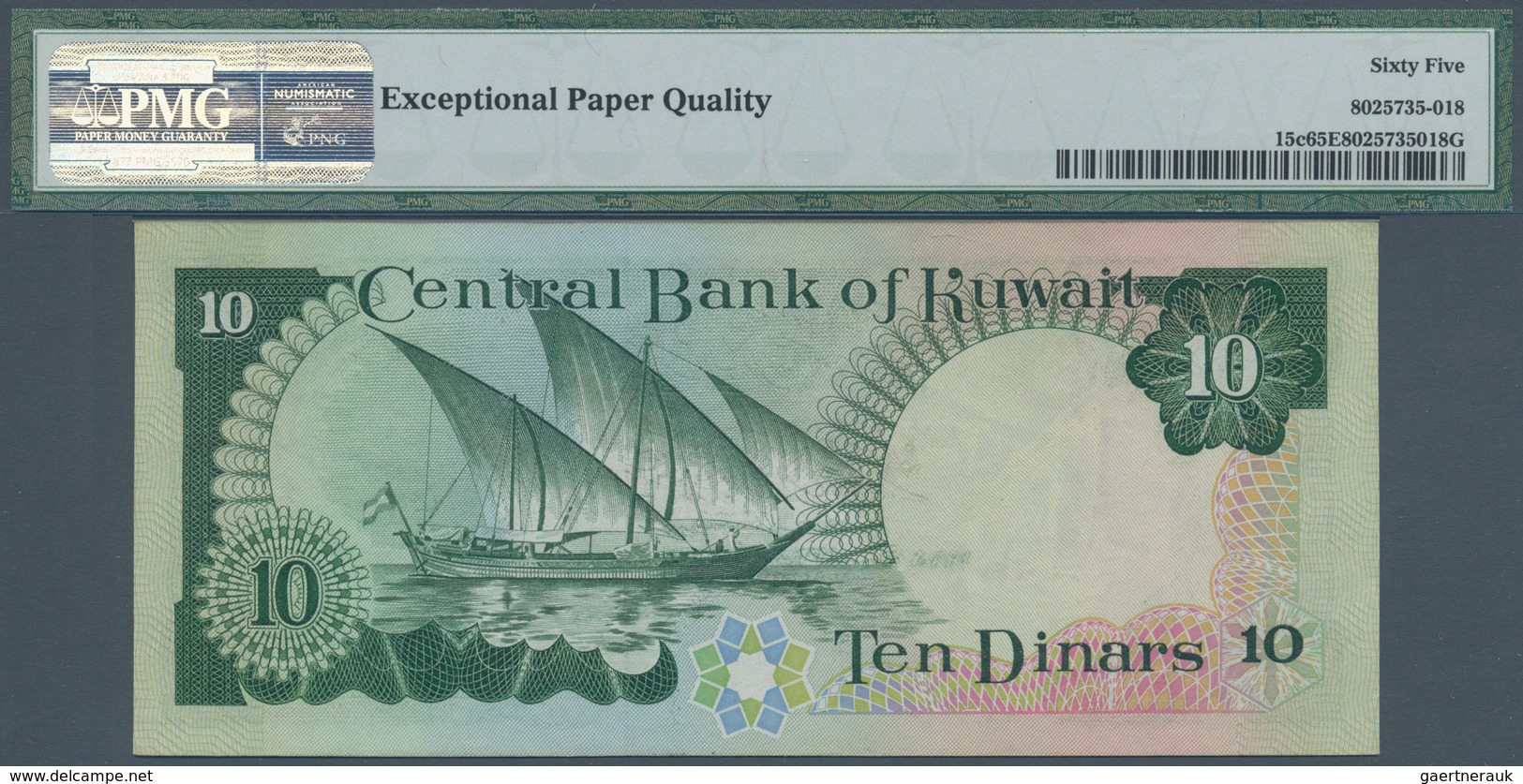 Kuwait: 10 Dinars 1968 P. 15c, Crisp Original Banknote With Bright Colors, In Condition: PMG Graded - Kuwait