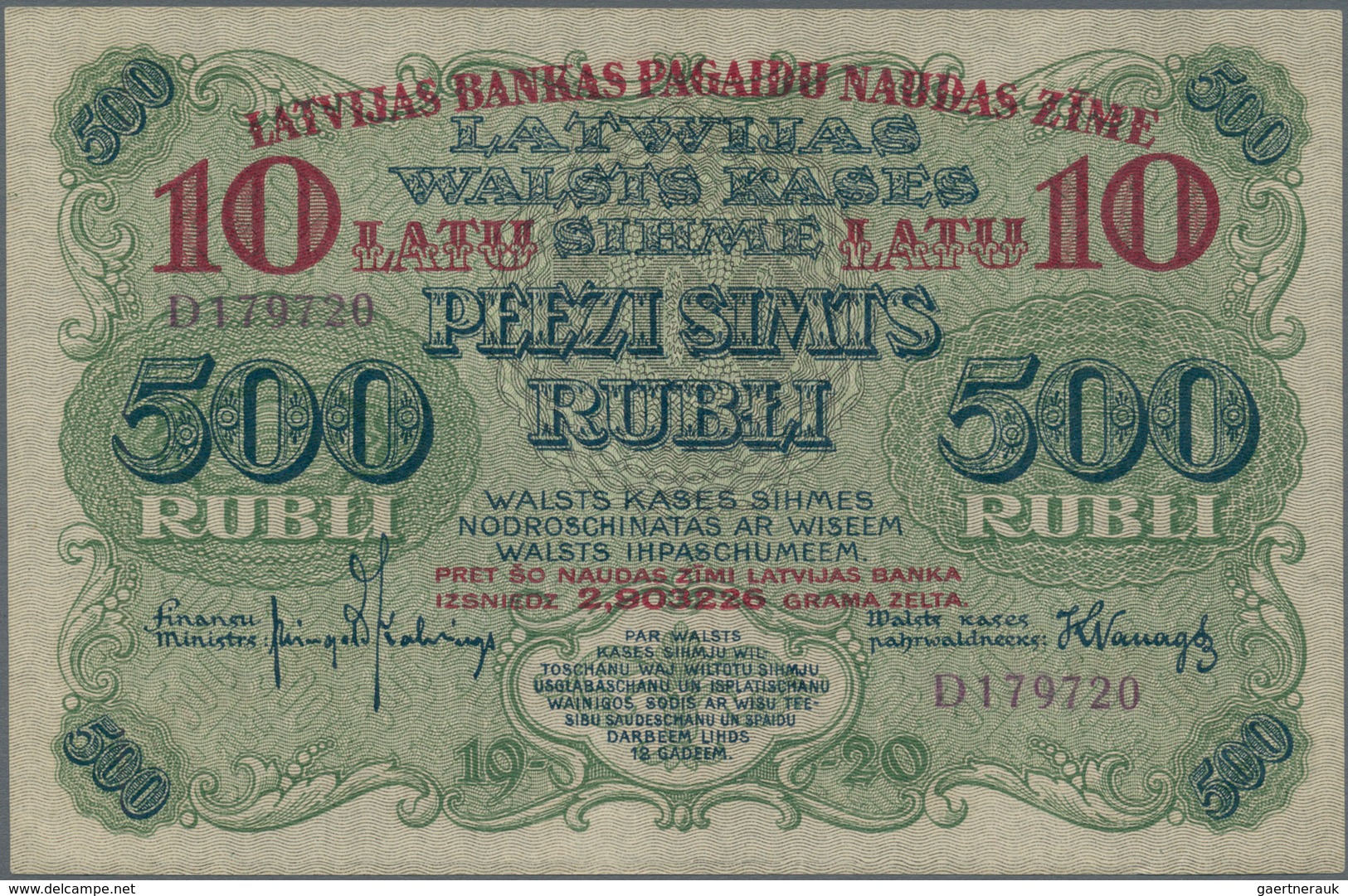 Latvia / Lettland: 10 Latu Overprint On 500 Rubli 1920, P.13a, Extraordinary Rare Banknote In Almost - Lettonie