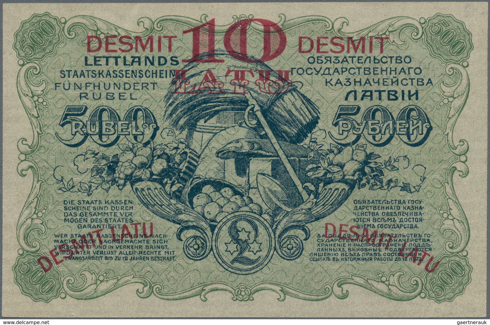 Latvia / Lettland: 10 Latu Overprint On 500 Rubli 1920, P.13a, Extraordinary Rare Banknote In Almost - Lettland