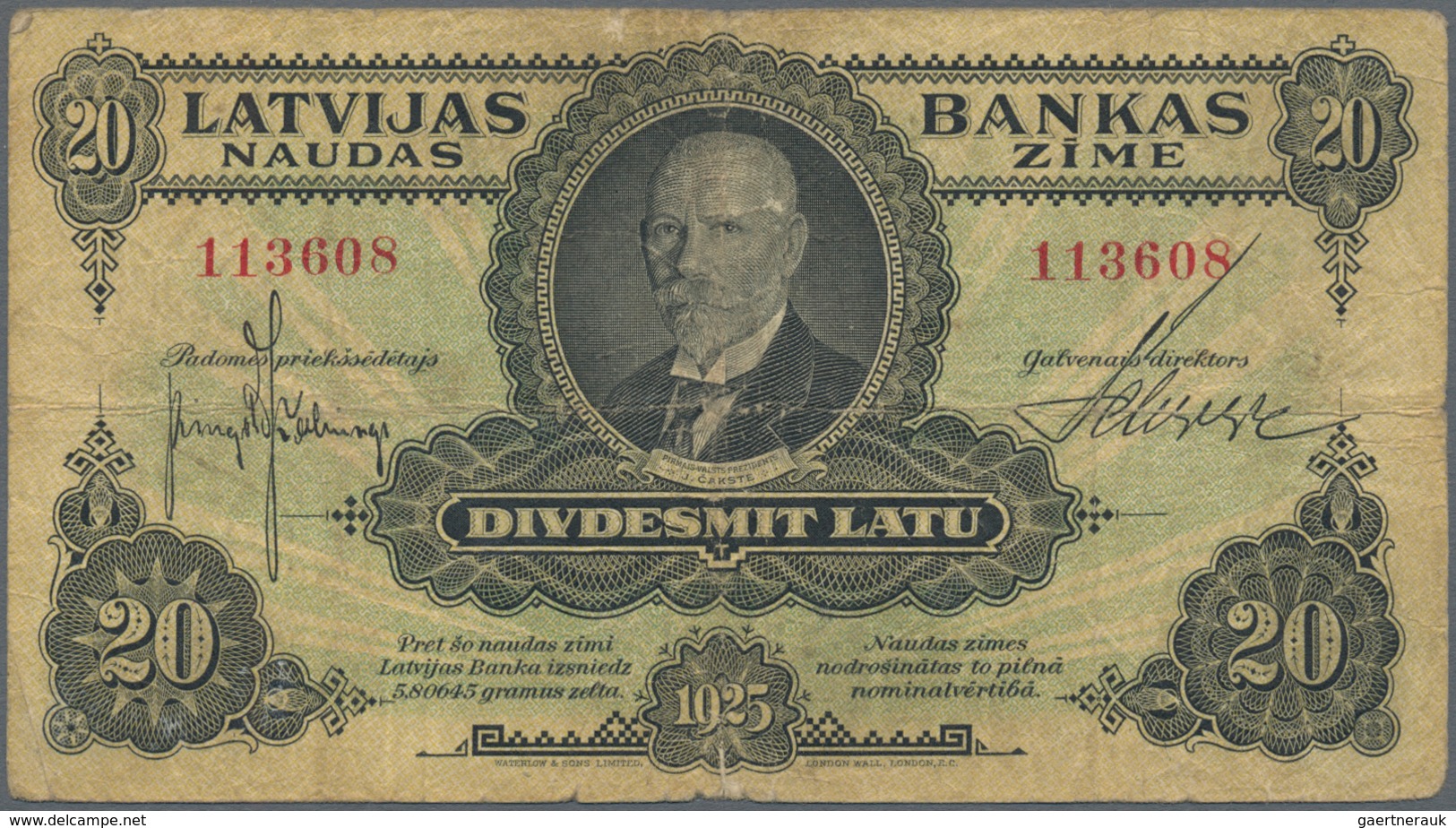 Latvia / Lettland: 20 Latu 1925 P. 17, Used With Several Folds And Creases, Stain In Paper, Minor Bo - Letonia