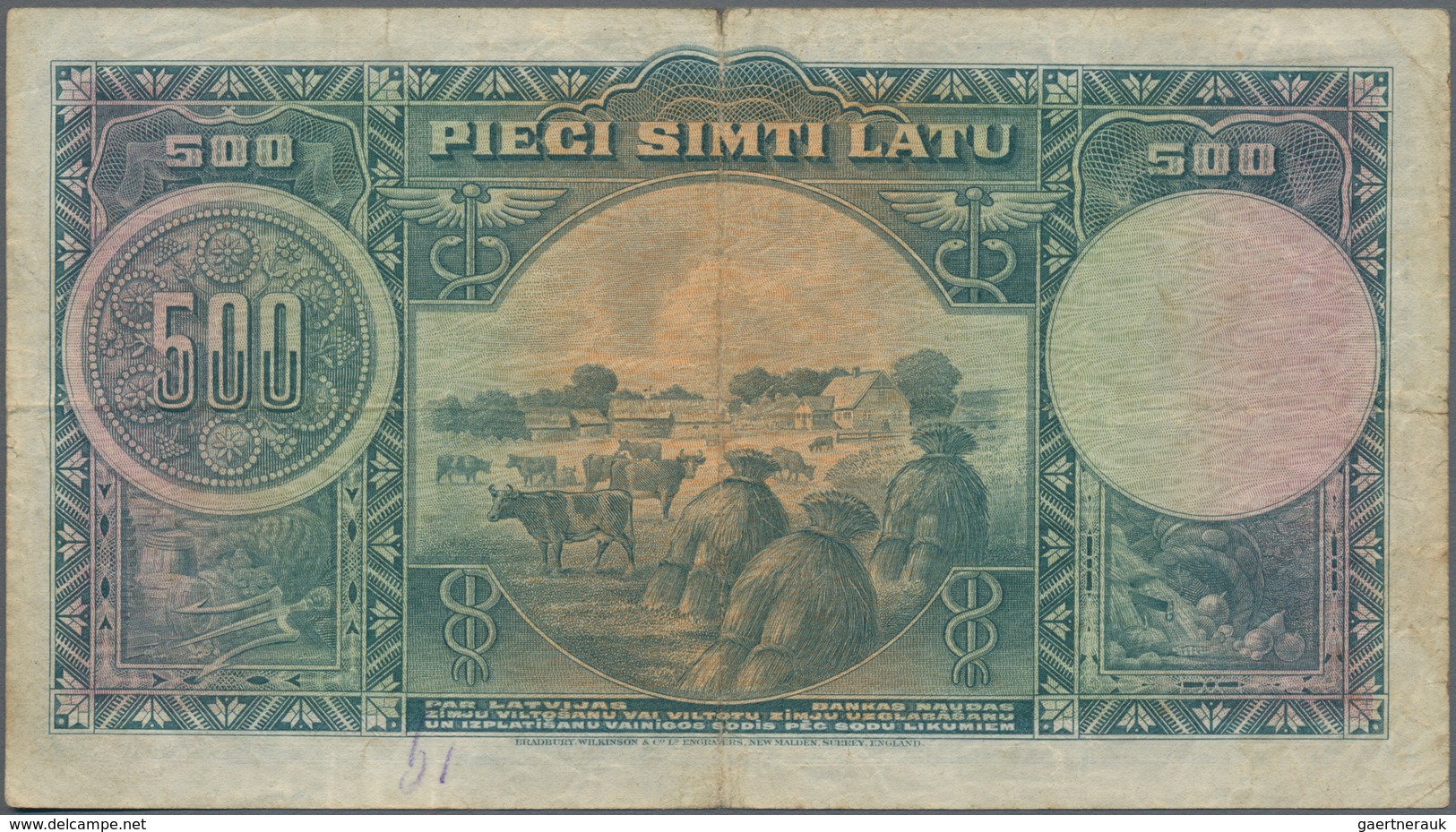 Latvia / Lettland: 500 Latu 1929 P. 19, Used With Folds And Creases, Light Stain In Paper, Stronger - Lettonie