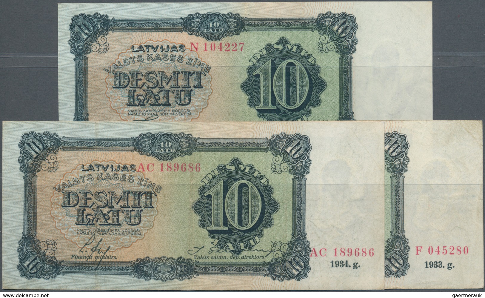 Latvia / Lettland: Very Nice Set With 3 BAnknotes 10 Latu 1933 In F, 10 Latu 1934 With Serial N10422 - Letland