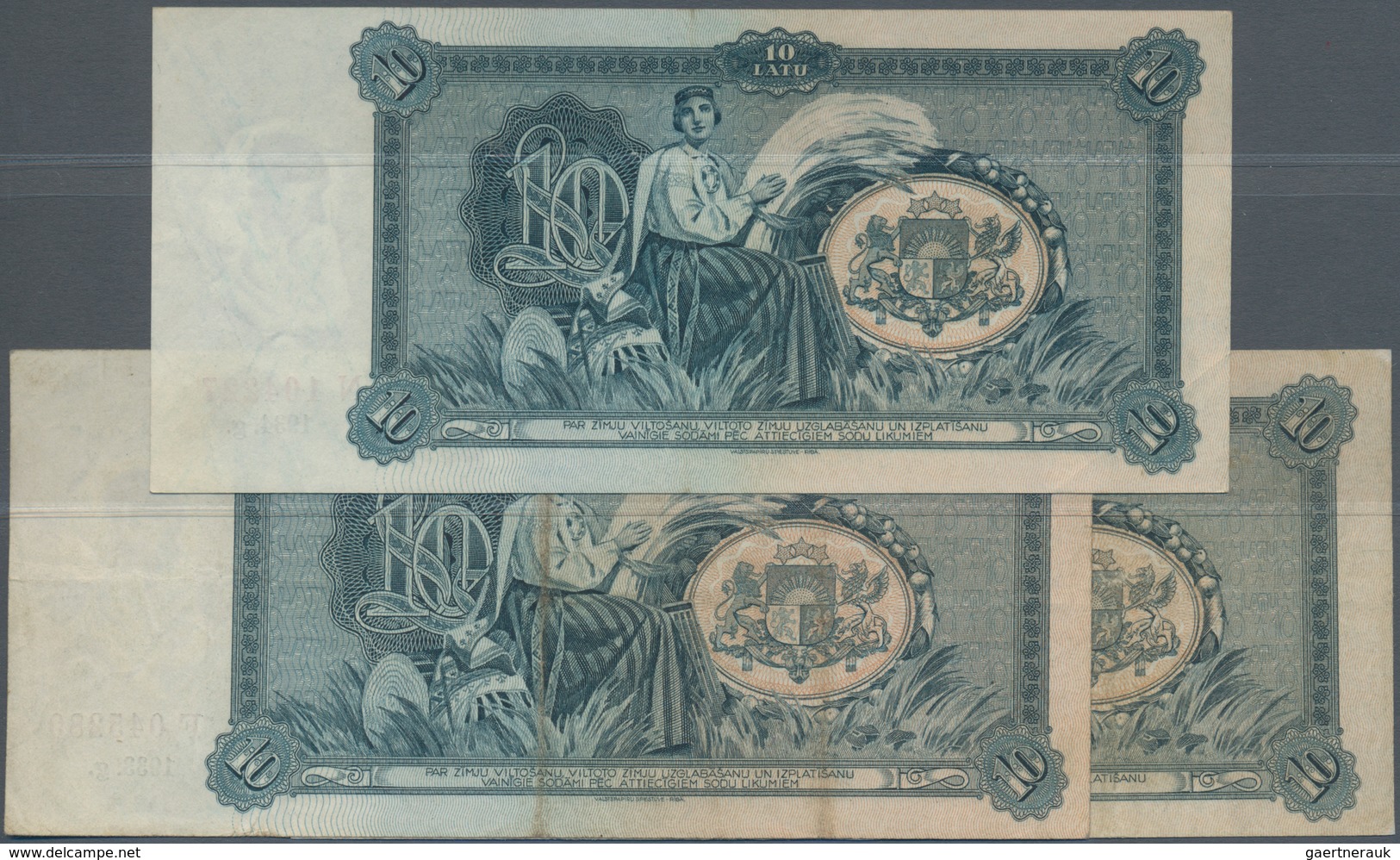 Latvia / Lettland: Very Nice Set With 3 BAnknotes 10 Latu 1933 In F, 10 Latu 1934 With Serial N10422 - Letland