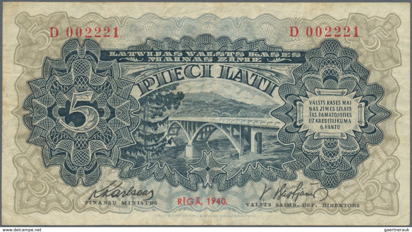 Latvia / Lettland: Pair With 5 Latu 1940 With Signature Title Left: "Finansu Ministrs" Signatures: K - Letonia