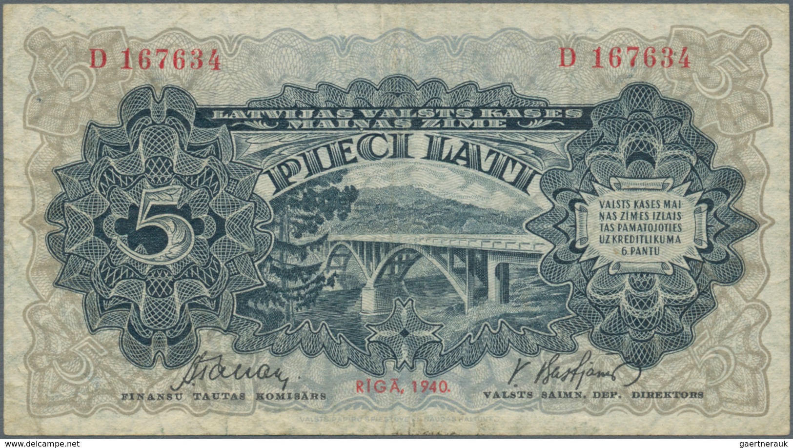 Latvia / Lettland: Pair With 5 Latu 1940 With Signature Title Left: "Finansu Ministrs" Signatures: K - Lettland