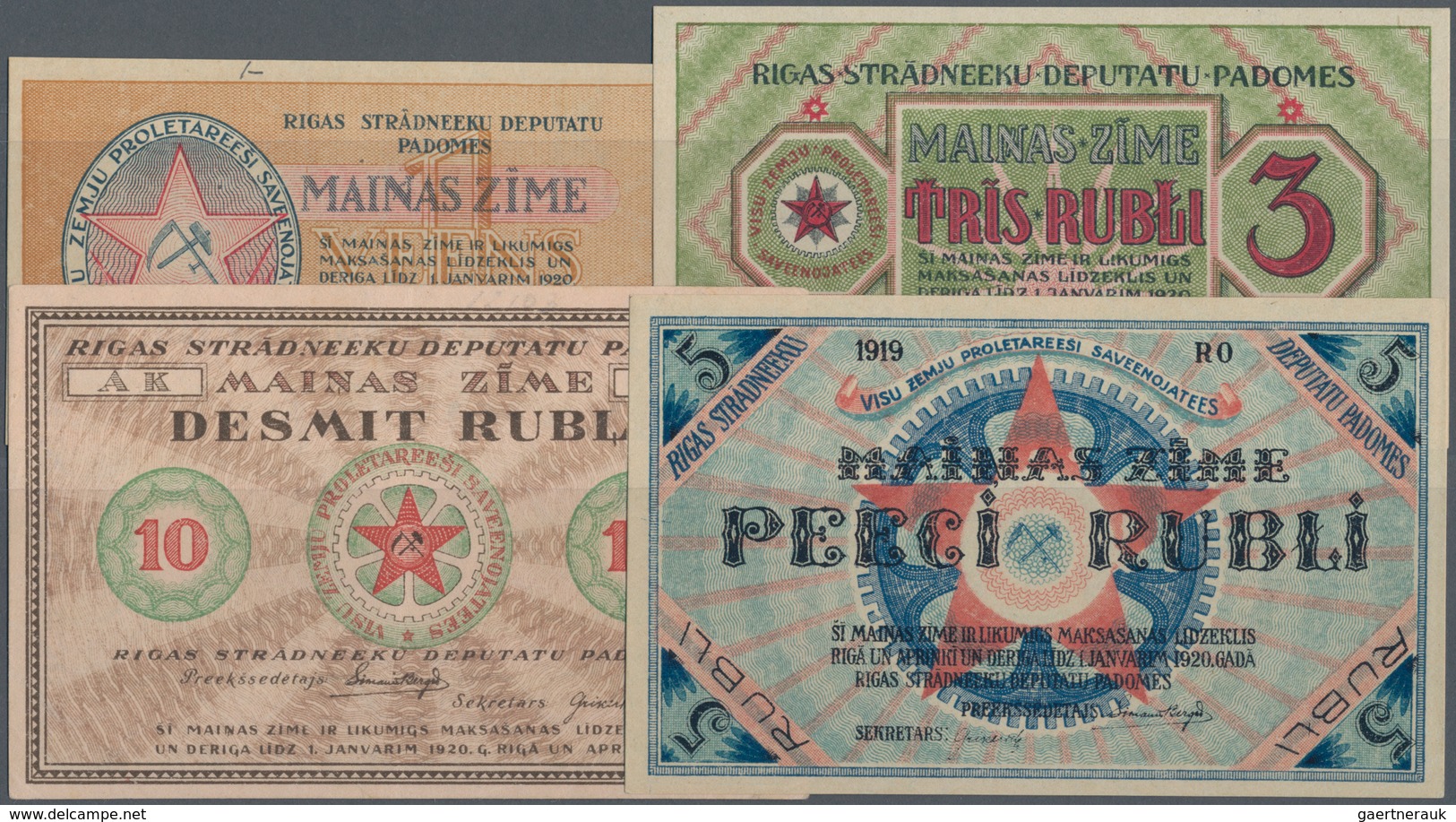 Latvia / Lettland: Riga's Workers Deputies' Soviet Lot With 4 Banknotes 1, 3, 5 And 10 Rubli 1919, P - Letland