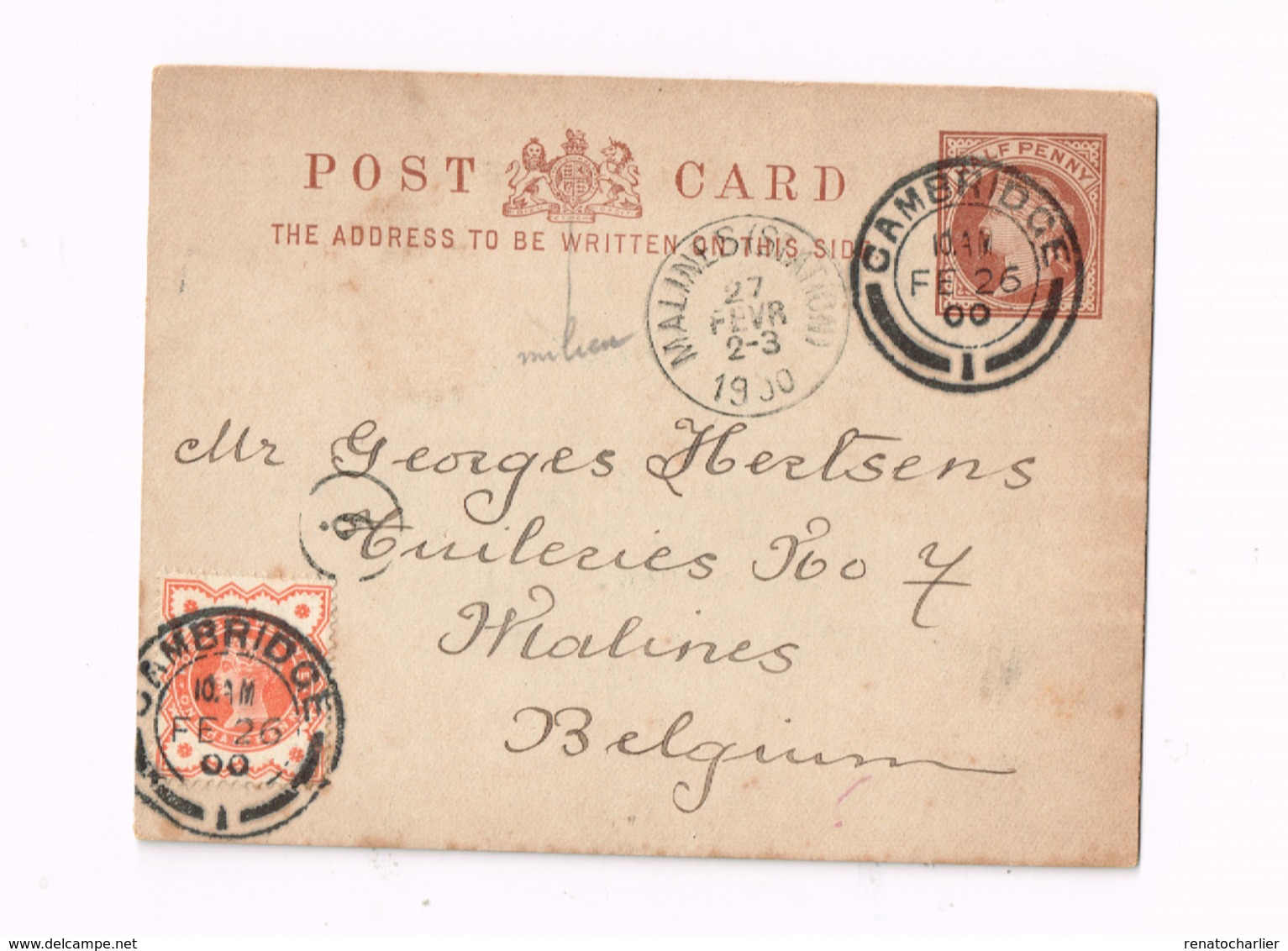 Entier Postal à 1/2 Penny.Expédié De Cambridge à Malines (Belgique) - Stamped Stationery, Airletters & Aerogrammes