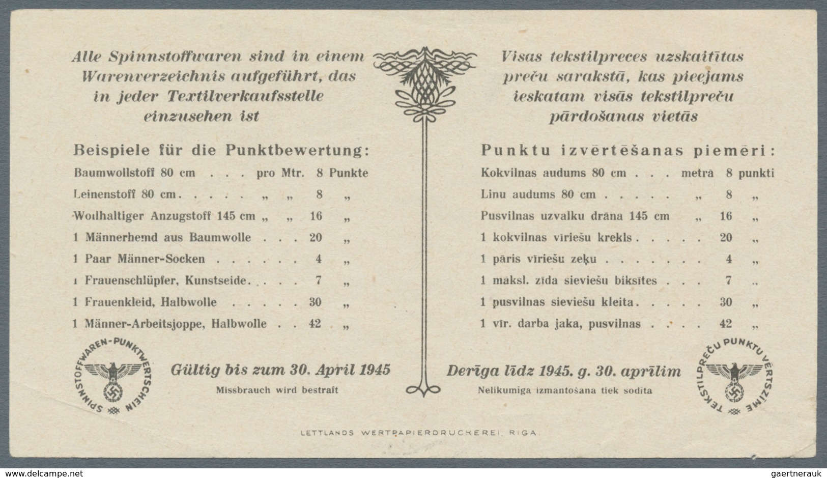 Latvia / Lettland: Ostland Spinnstoffwaren Pair With 1 And 3 Punkte ND(1940's), P.NL, Both With Wate - Lettonie