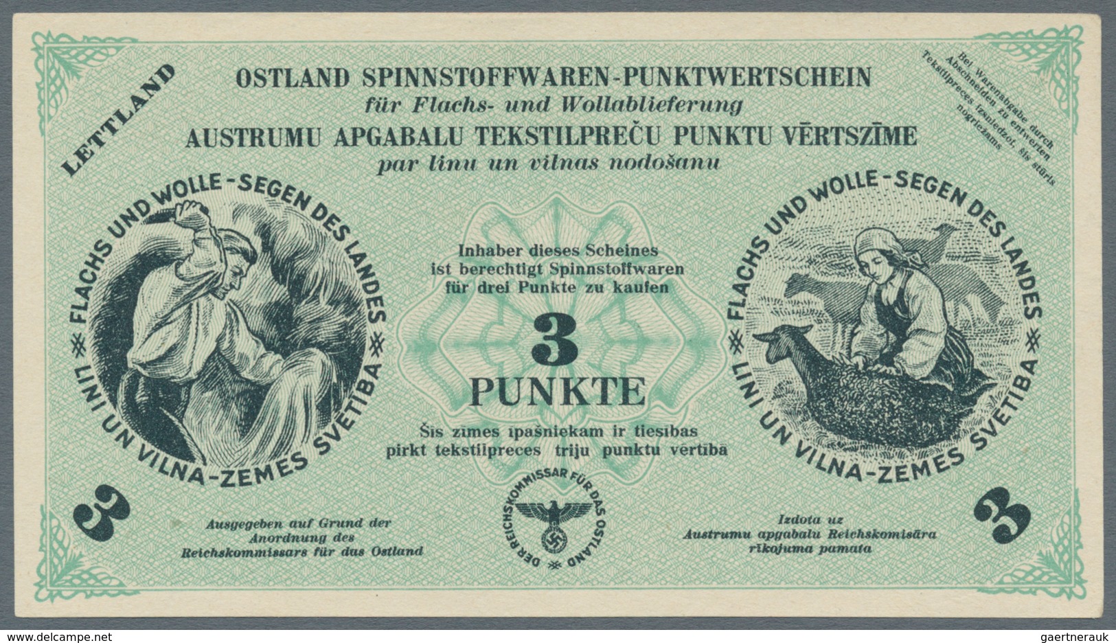 Latvia / Lettland: Ostland Spinnstoffwaren Pair With 1 And 3 Punkte ND(1940's), P.NL, Both With Wate - Lettonie