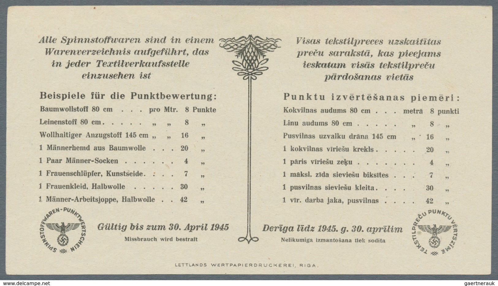 Latvia / Lettland: Ostland Spinnstoffwaren Pair With 1 And 3 Punkte ND(1940's), P.NL, Both With Wate - Letland