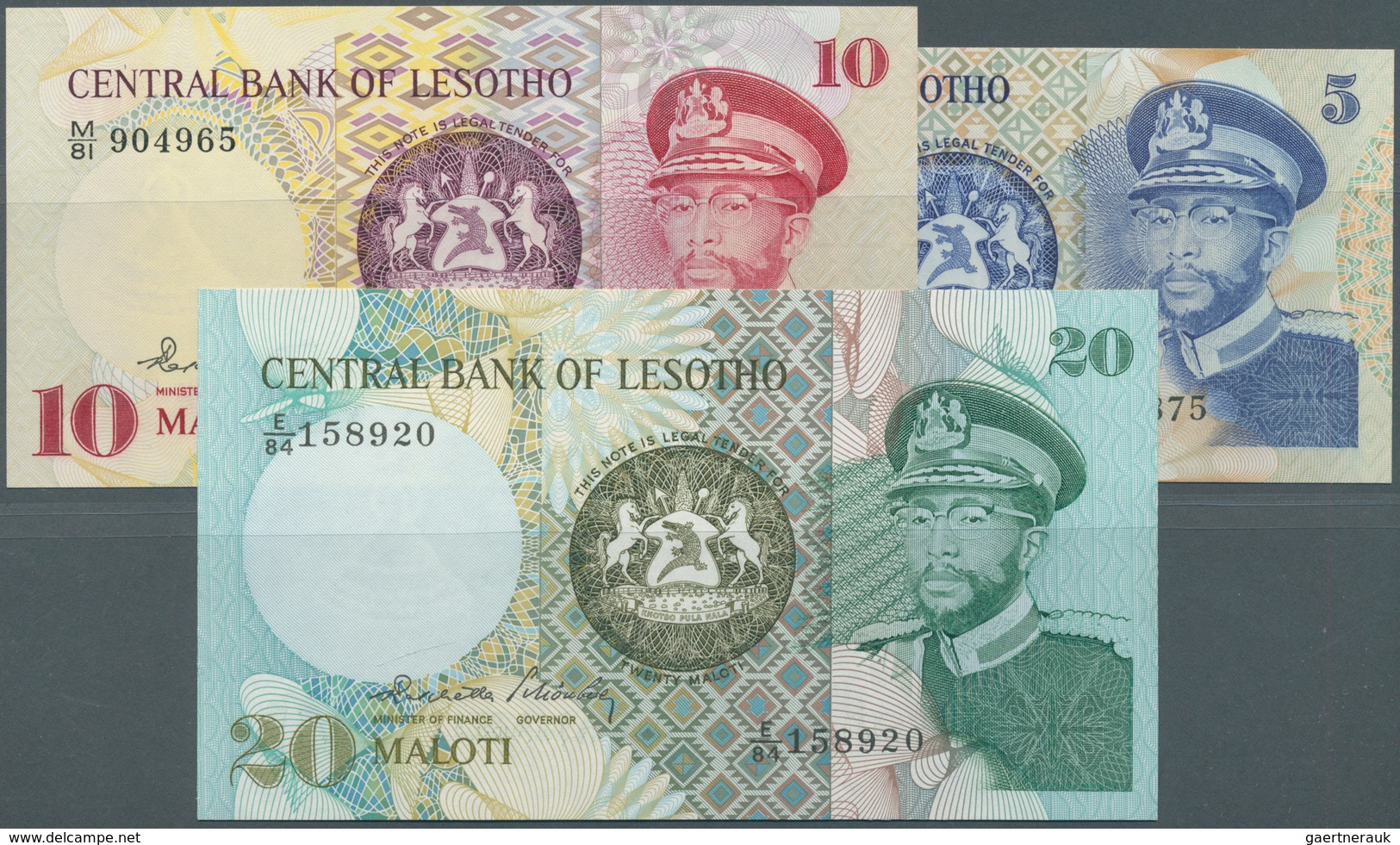 Lesotho: Set Of 3 Notes Containing 5, 10 & 20 Maloti 1984 P. 5a, 6b, 7b, The First In UNC, The Other - Lesoto