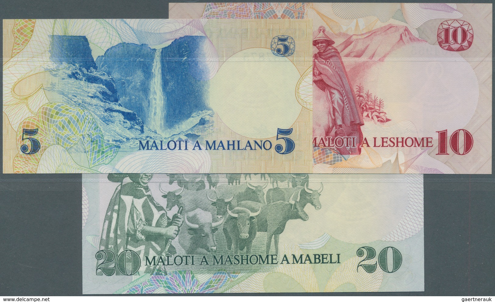 Lesotho: Set Of 3 Notes Containing 5, 10 & 20 Maloti 1984 P. 5a, 6b, 7b, The First In UNC, The Other - Lesotho