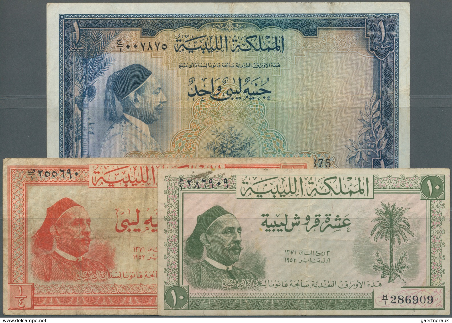 Libya / Libyen: Set Of 3 Notes Containing 10 Pt. , 1/4 & 1 Pound 1952 "Idris" Series P. 13, 14, 16, - Libye